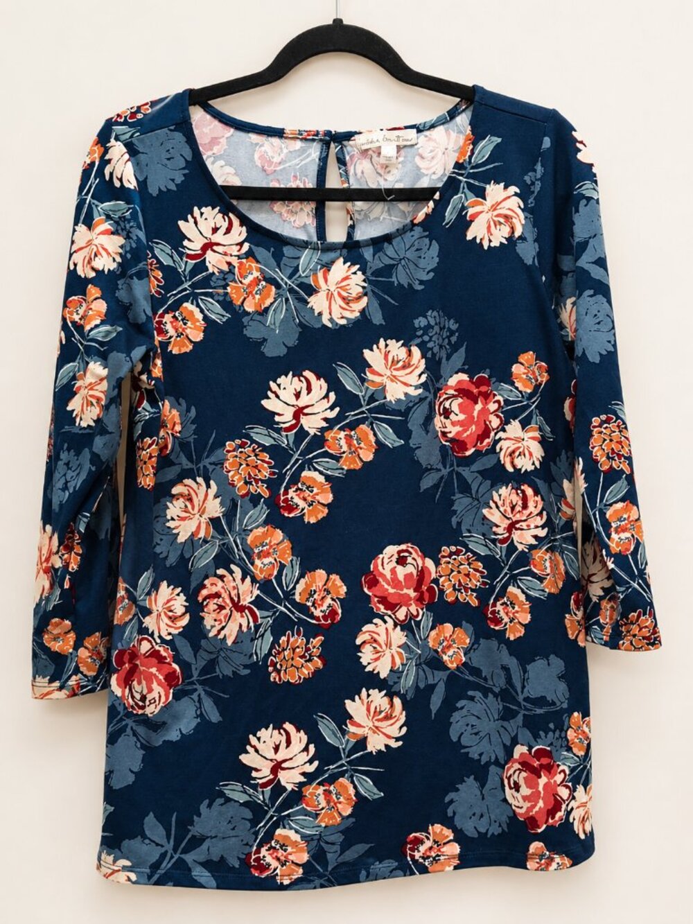 Blue Floral Scoop Neck 3/4 Sleeve Blouse